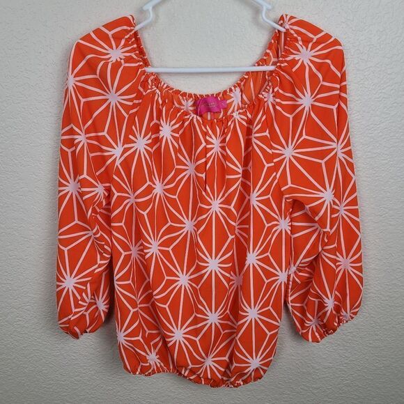 Macbeth Collection Orange White Print Blouse Size Small (2317) - Picture 2 of 6